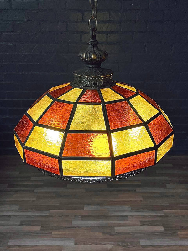 Vintage Tiffany Style Amber & Burnt Orange Geometric Glass Dome Pendant Chandelier, c.1960’s