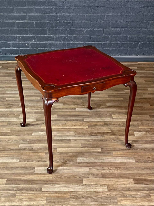 English Queen Anne Style Mahogany Card/Game Table w/ Tooled Leather Top by The Williamsburg Galleries, c.1950’s