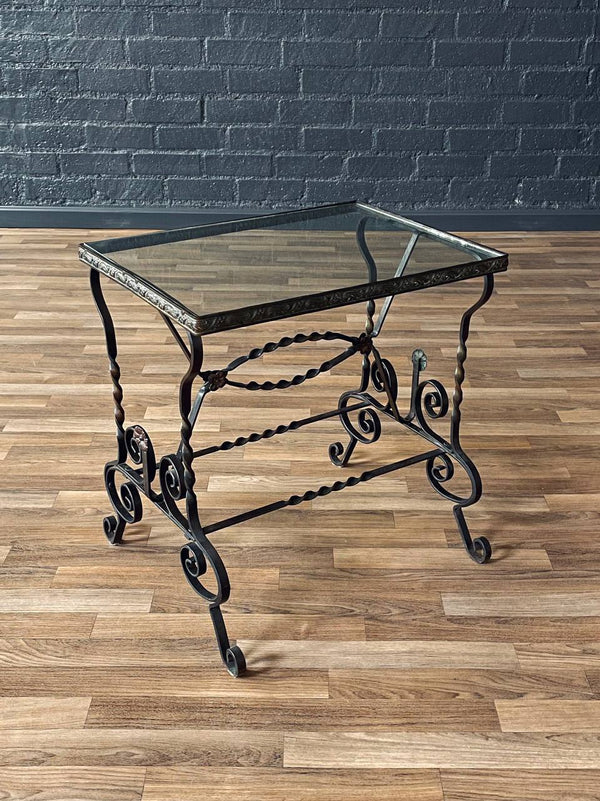 Antique Spanish Revival Style Wrought Iron & Glass Side Table, c.1940’s