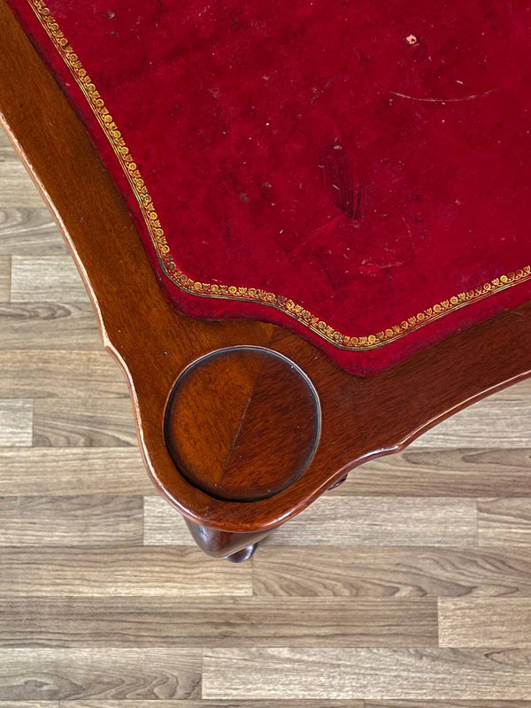 English Queen Anne Style Mahogany Card/Game Table w/ Tooled Leather Top by The Williamsburg Galleries, c.1950’s