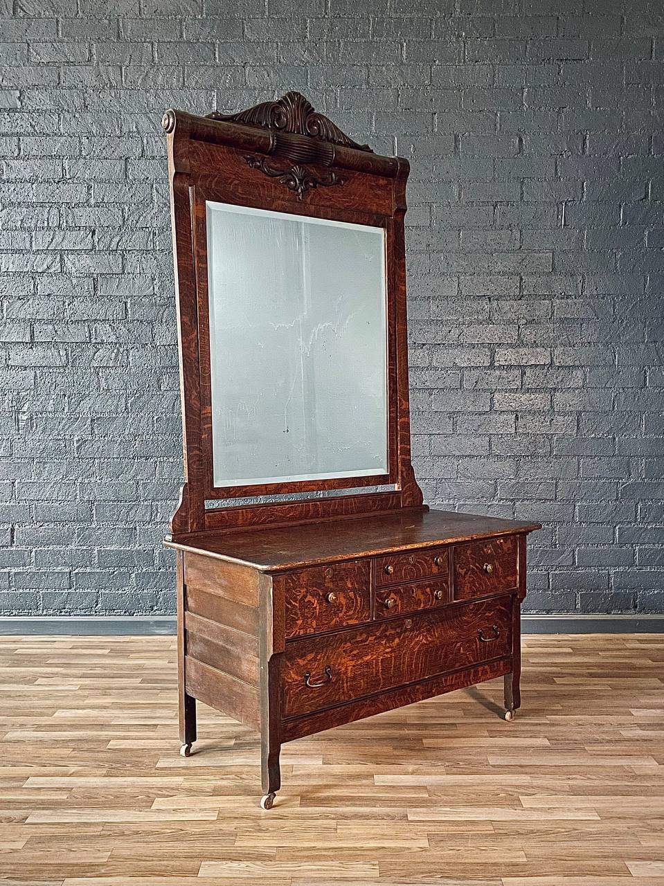 Antique Victorian Eastlake Tiger Oak Dresser with Beveled Mirror, c.19 – Vintage Supply Antique Victorian Eastlake Tiger Oak Dresser with Beveled Mirror, c.19 – Vintage Supply