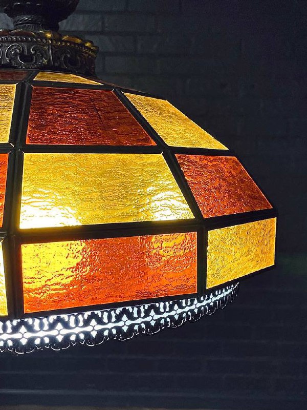 Vintage Tiffany Style Amber & Burnt Orange Geometric Glass Dome Pendant Chandelier, c.1960’s