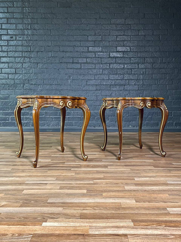 Pair of French Provincial Style Walnut Side Tables w/ Gilt Painted Carved Accent, c.1960’s
