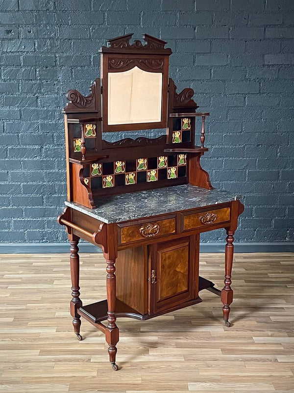 Victorian Eastlake Black Marble-Top Washstand w/ Mirror & Floral Tiles, c.1940’s