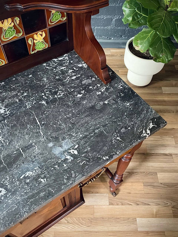 Victorian Eastlake Black Marble-Top Washstand w/ Mirror & Floral Tiles, c.1940’s