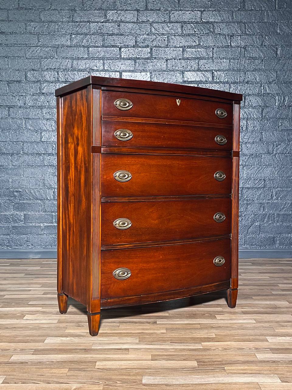 Vintage Federal Revival Mahogany Highboy Dresser w/ Brass Pulls, c.195 Vintage Supply Vintage Federal Revival Mahogany Highboy Dresser w/ Brass Pulls, c.195 Vintage Supply