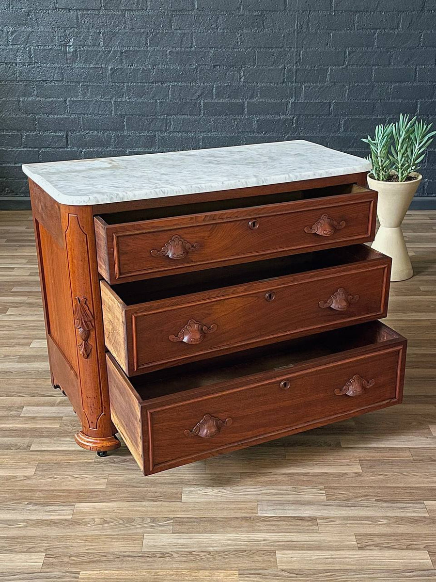 Antique American Walnut & Marble Top Dresser with Three Drawers, c.190
