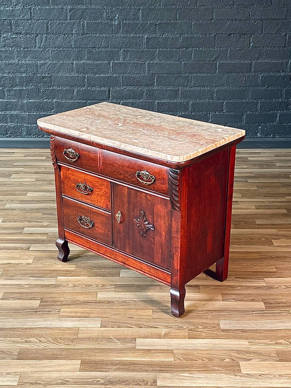 vintage dresser with marble top Antique Serpentine Entry Stand Dresser w/ Pink Marble Top, c.1940’s