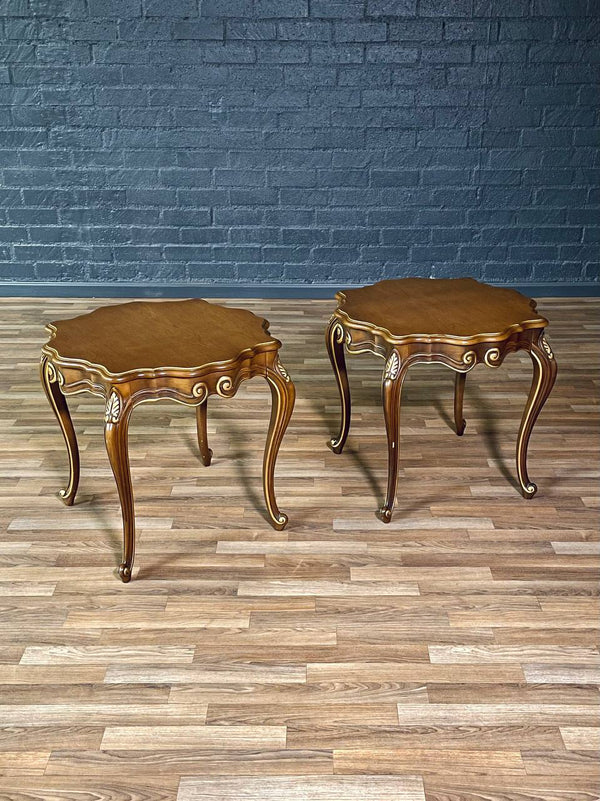 Pair of French Provincial Style Walnut Side Tables w/ Gilt Painted Carved Accent, c.1960’s