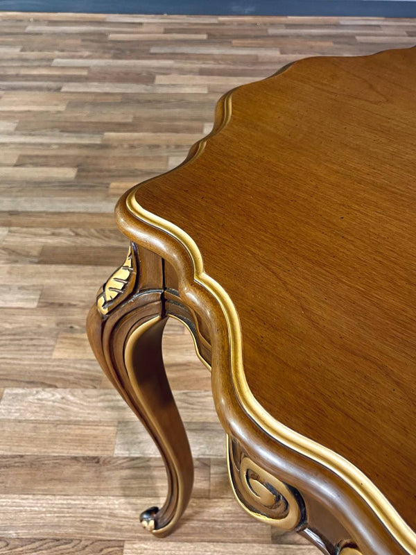 Pair of French Provincial Style Walnut Side Tables w/ Gilt Painted Carved Accent, c.1960’s