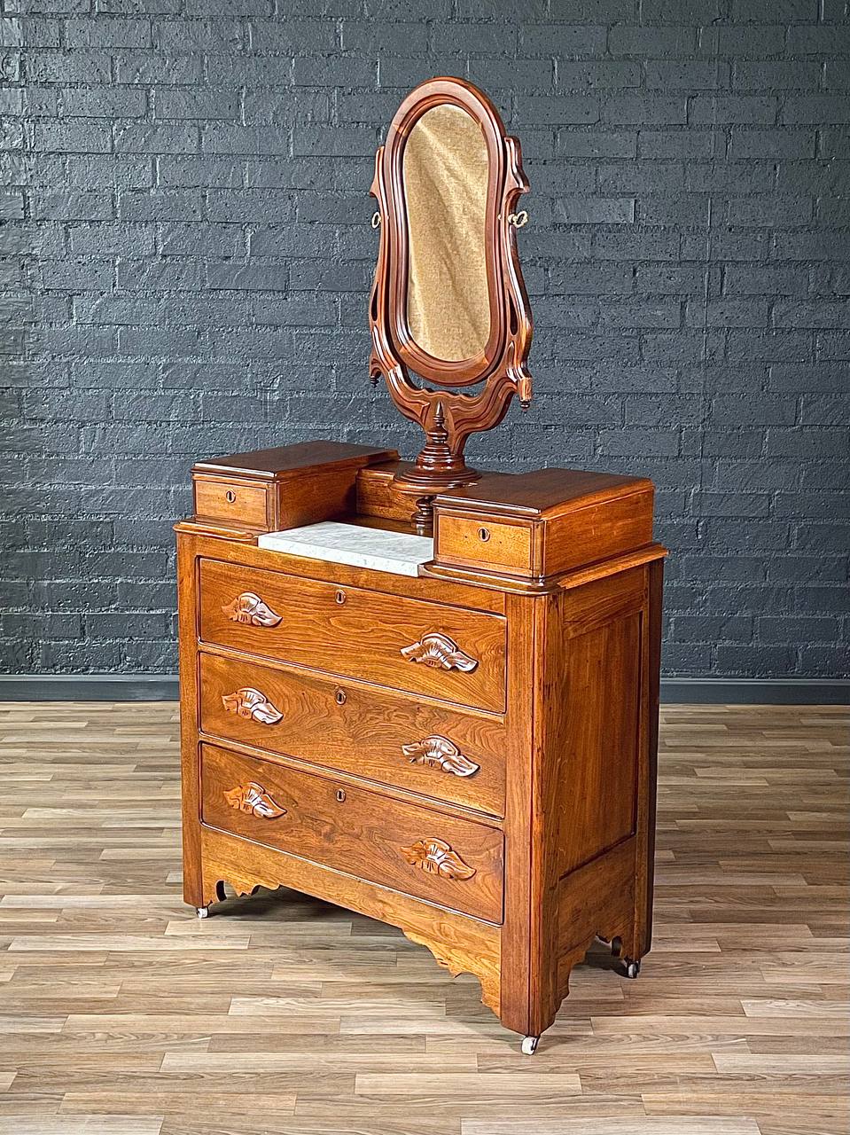 Antique Victorian Eastlake Marble-Top Dresser with Swivel Mirror, c.19 Antique Victorian Eastlake Marble-Top Dresser with Swivel Mirror, c.19