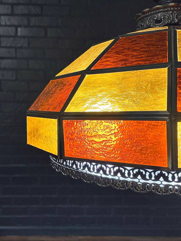 Vintage Tiffany Style Amber & Burnt Orange Geometric Glass Dome Pendant Chandelier, c.1960’s