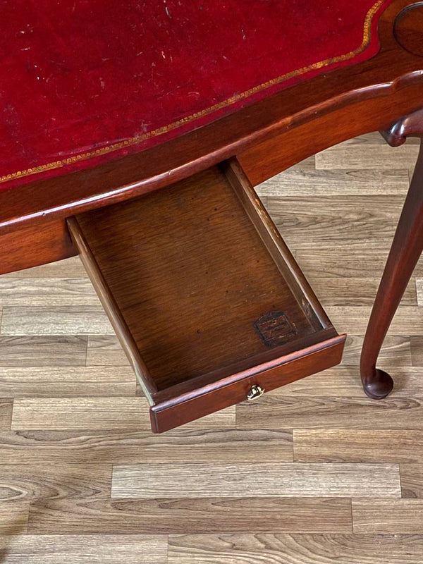 English Queen Anne Style Mahogany Card/Game Table w/ Tooled Leather Top by The Williamsburg Galleries, c.1950’s