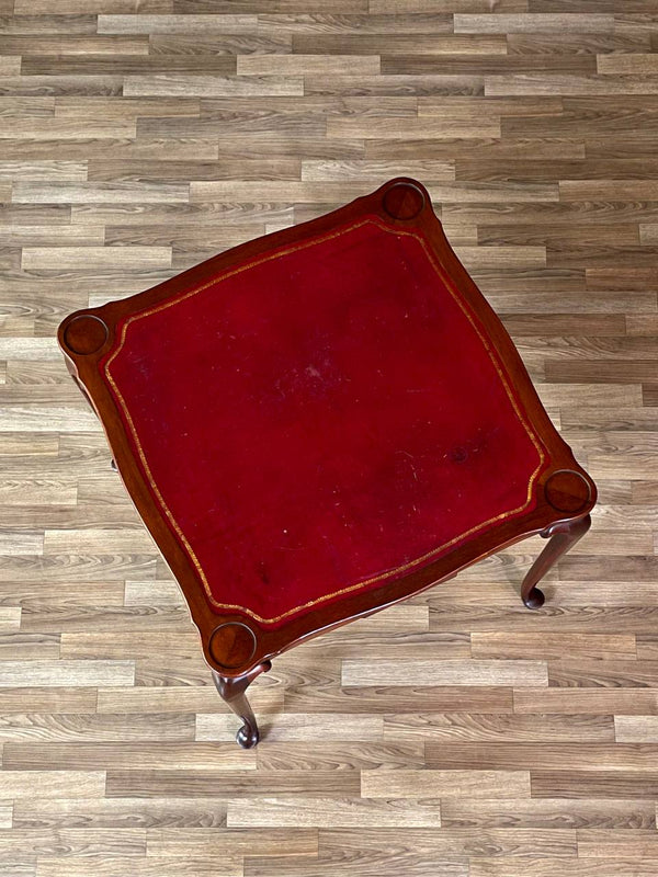 English Queen Anne Style Mahogany Card/Game Table w/ Tooled Leather Top by The Williamsburg Galleries, c.1950’s