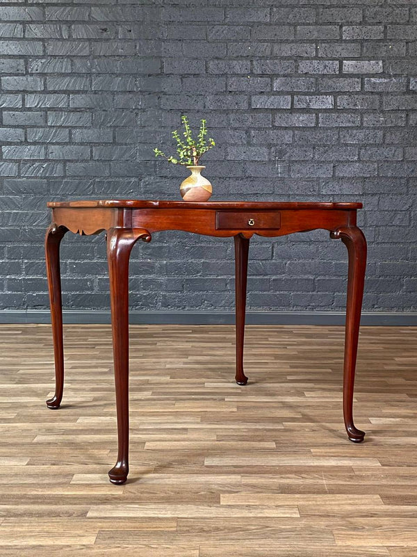 English Queen Anne Style Mahogany Card/Game Table w/ Tooled Leather Top by The Williamsburg Galleries, c.1950’s