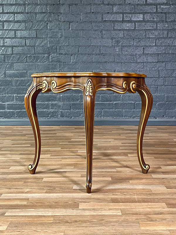 Pair of French Provincial Style Walnut Side Tables w/ Gilt Painted Carved Accent, c.1960’s