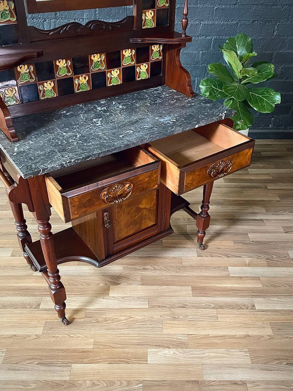 Victorian Eastlake Black Marble-Top Washstand w/ Mirror & Floral Tiles, c.1940’s