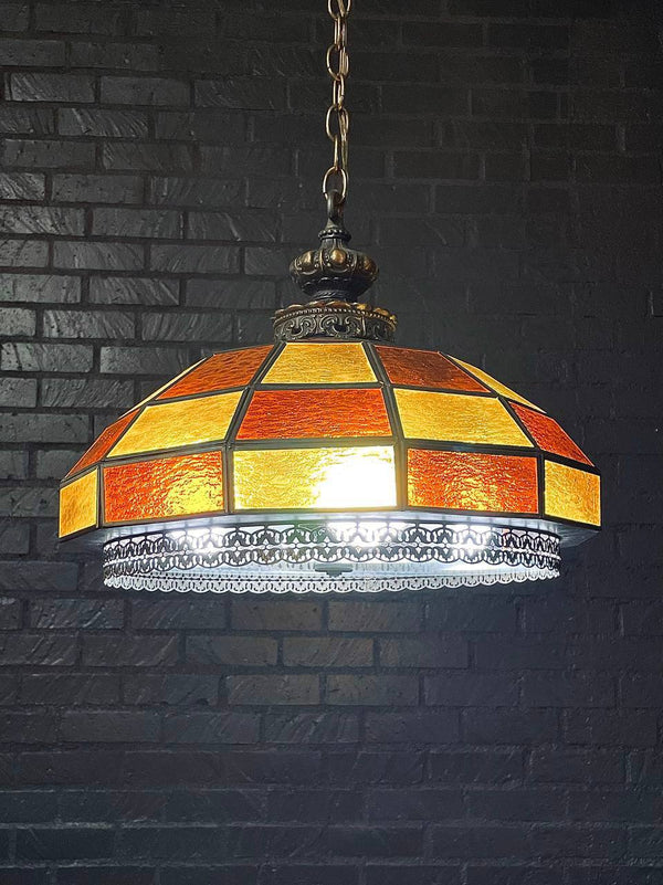 Vintage Tiffany Style Amber & Burnt Orange Geometric Glass Dome Pendant Chandelier, c.1960’s