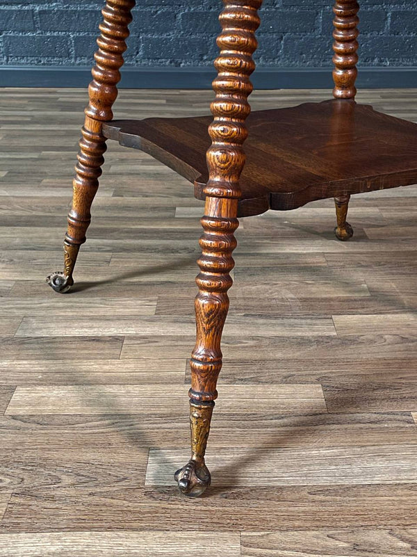 American Victorian Tiger Oak Side Table w/ Barley Twist Legs & Claw Feet, c.1930’s