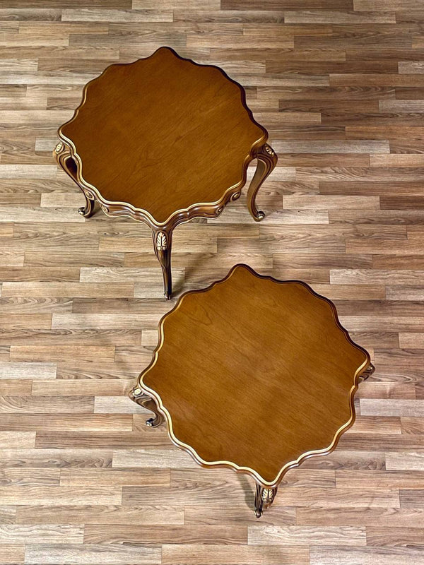 Pair of French Provincial Style Walnut Side Tables w/ Gilt Painted Carved Accent, c.1960’s