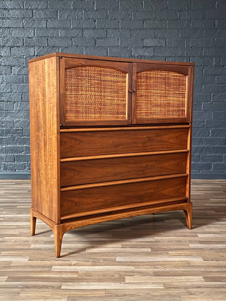 Mid-Century Modern Rhythm Walnut & Cane Highboy Dresser by Lane, c.1 Vintage Supply Mid-Century Modern Rhythm Walnut & Cane Highboy Dresser by Lane, c.1 Vintage Supply