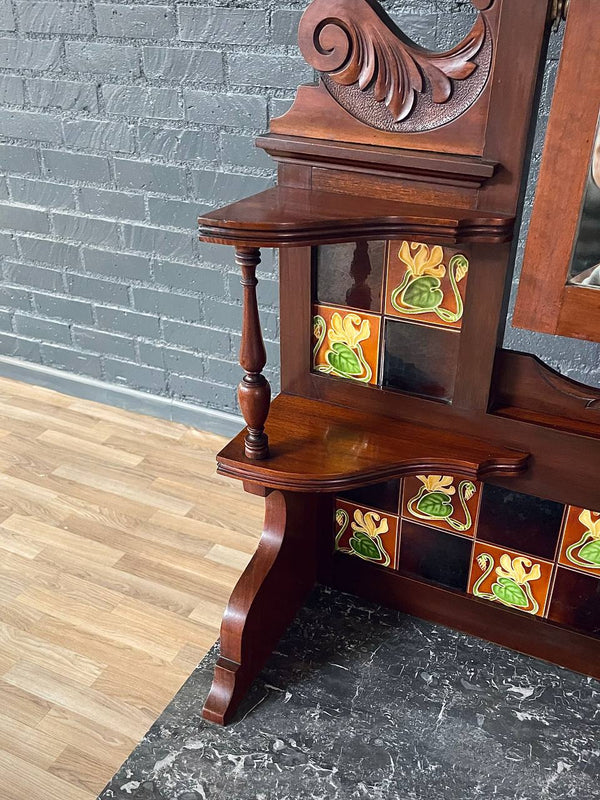 Victorian Eastlake Black Marble-Top Washstand w/ Mirror & Floral Tiles, c.1940’s
