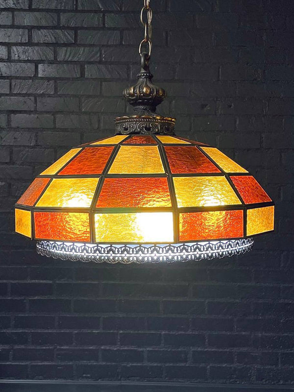 Vintage Tiffany Style Amber & Burnt Orange Geometric Glass Dome Pendant Chandelier, c.1960’s
