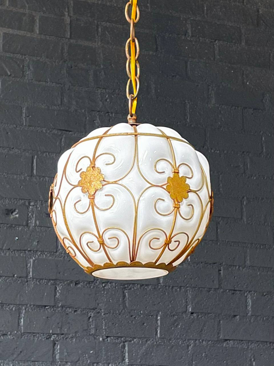 Vintage Pendant Glass & Brass Chandelier by Halcolite, c.1960’s