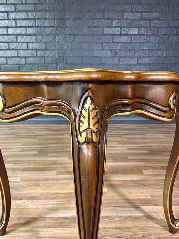 Pair of French Provincial Style Walnut Side Tables w/ Gilt Painted Carved Accent, c.1960’s