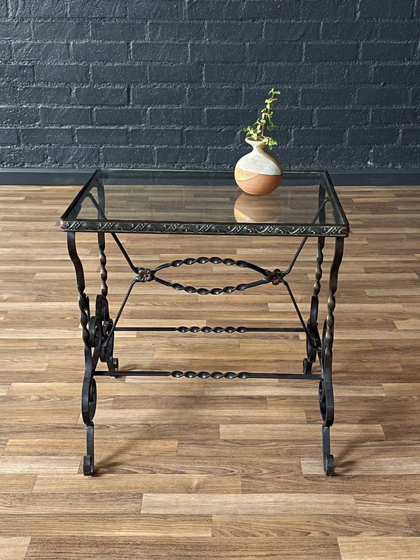 Antique Spanish Revival Style Wrought Iron & Glass Side Table, c.1940’s