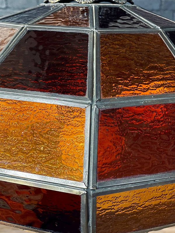 Vintage Tiffany Style Amber & Burnt Orange Geometric Glass Dome Pendant Chandelier, c.1960’s