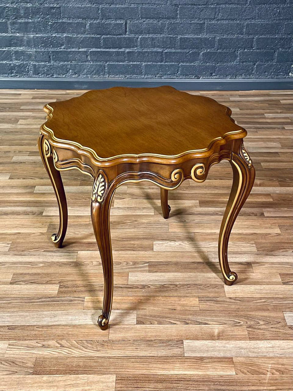 Pair of French Provincial Style Walnut Side Tables w/ Gilt Painted Carved Accent, c.1960’s