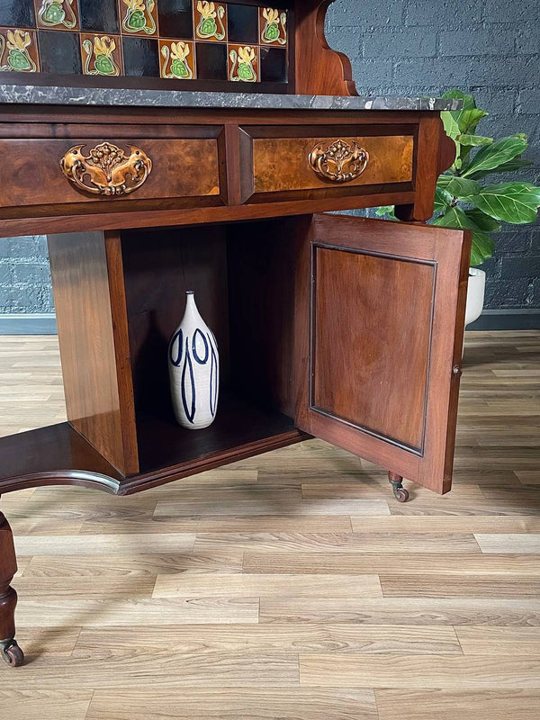 Victorian Eastlake Black Marble-Top Washstand w/ Mirror & Floral Tiles, c.1940’s