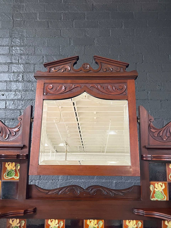 Victorian Eastlake Black Marble-Top Washstand w/ Mirror & Floral Tiles, c.1940’s