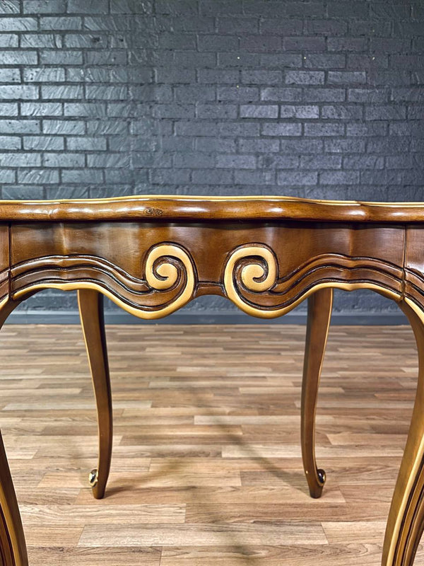 Pair of French Provincial Style Walnut Side Tables w/ Gilt Painted Carved Accent, c.1960’s