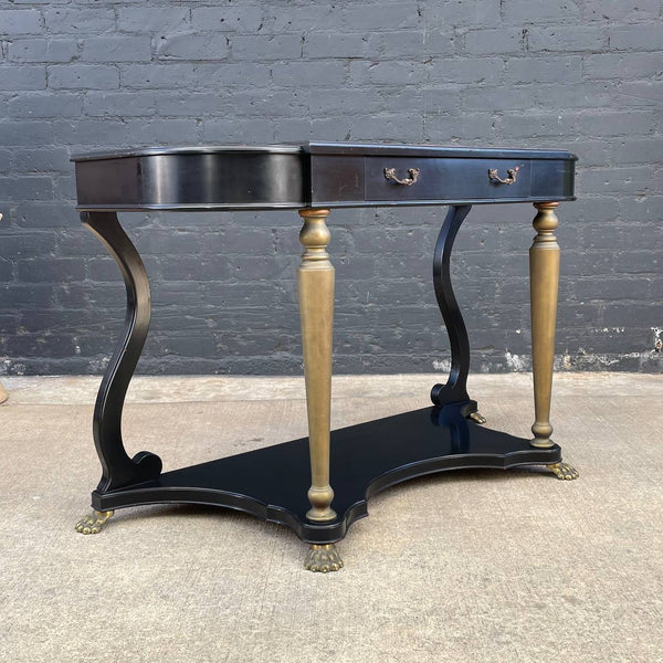 French Neoclassical Ebonized & Leather Top Console Table with Planter and Brass Claw Feet, c.1940’s