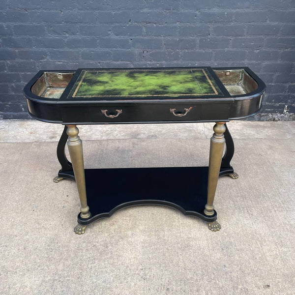 French Neoclassical Ebonized & Leather Top Console Table with Planter and Brass Claw Feet, c.1940’s