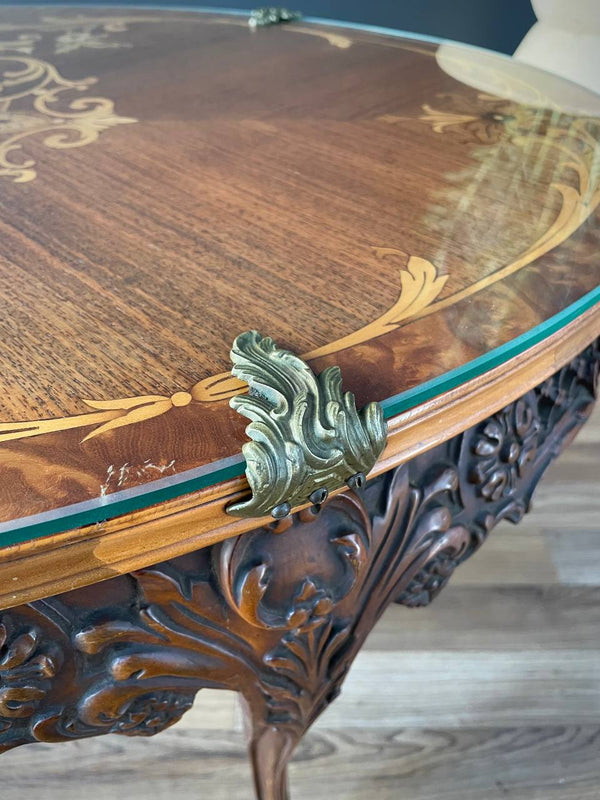 Antique French Louis XV-Style Inlayed & Carved Coffee Table Rustic Farmhouse, c.1950’s