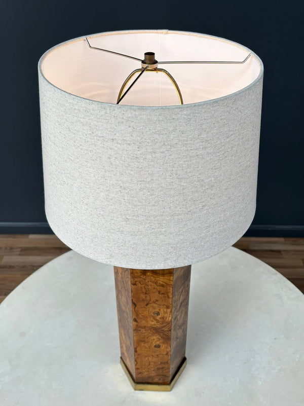 Mid-Century Modern Hexagonal Burl Wood & Brass Table Lamp , c.1960’s