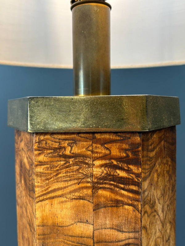 Mid-Century Modern Hexagonal Burl Wood & Brass Table Lamp , c.1960’s