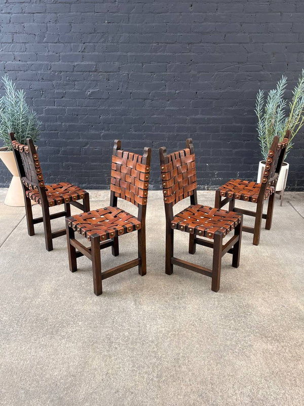 Set of 4 Vintage Rustic Spanish Interlaced Cognac Leather Dining Chairs, c.1970’s