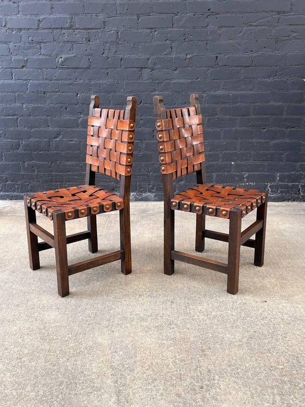 Set of 4 Vintage Rustic Spanish Interlaced Cognac Leather Dining Chairs, c.1970’s