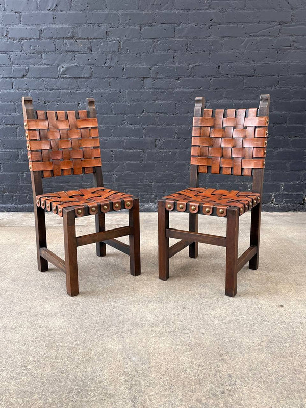 Set of 4 Vintage Rustic Spanish Interlaced Cognac Leather Dining Chairs, c.1970’s