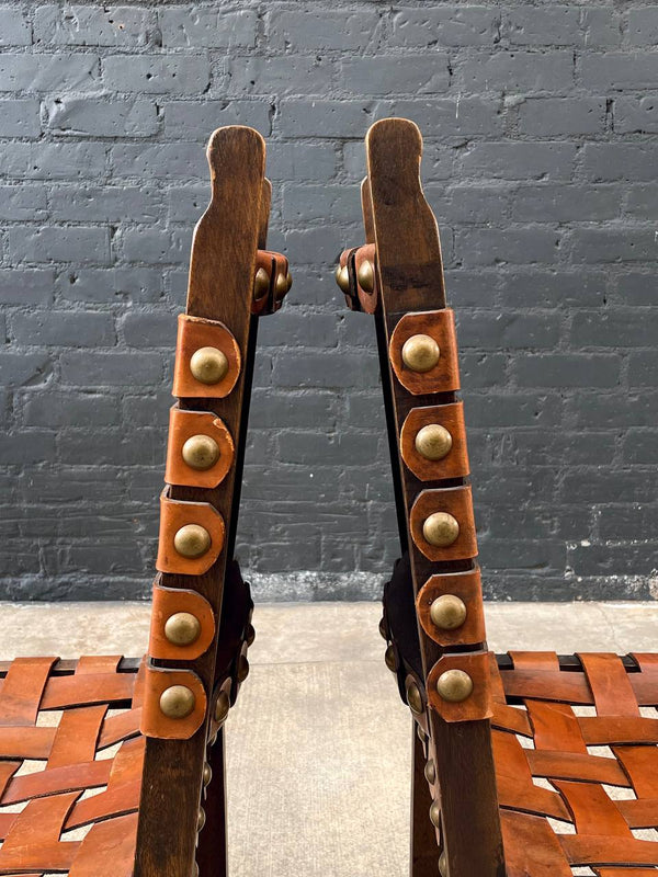 Set of 4 Vintage Rustic Spanish Interlaced Cognac Leather Dining Chairs, c.1970’s