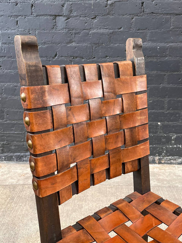 Set of 4 Vintage Rustic Spanish Interlaced Cognac Leather Dining Chairs, c.1970’s