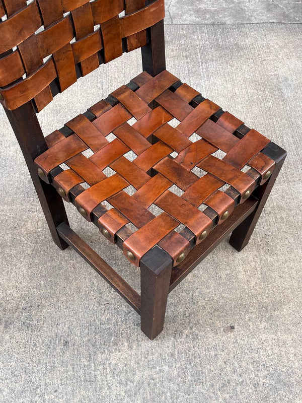 Set of 4 Vintage Rustic Spanish Interlaced Cognac Leather Dining Chairs, c.1970’s