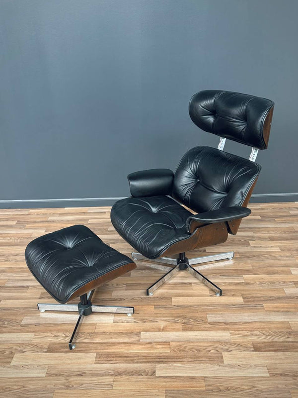 Mid-Century Modern Black Leather Lounge Chair with Ottoman by Plycraft, c.1960’s