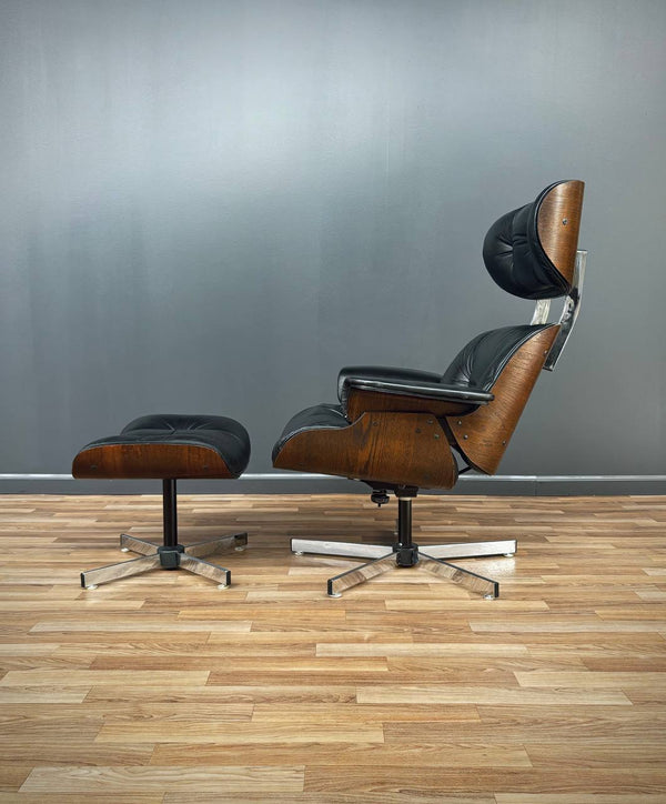 Mid-Century Modern Black Leather Lounge Chair with Ottoman by Plycraft, c.1960’s