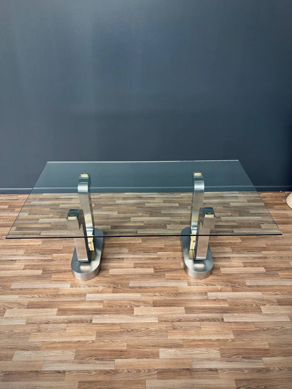 Mid-Century Modern Sculpted Metal Dining Table with Glass Top
