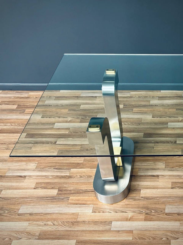 Mid-Century Modern Sculpted Metal Dining Table with Glass Top